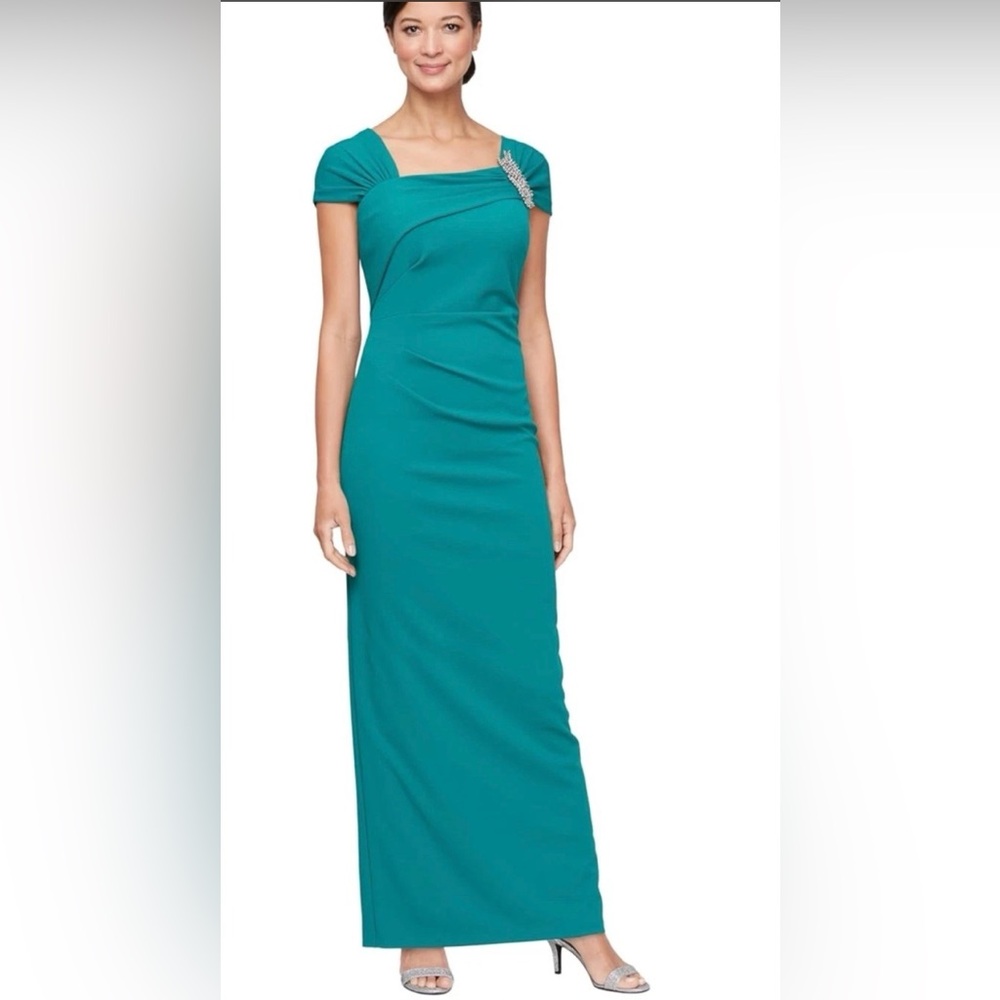Alex Evenings Teal Long Crepe Women’s Mother Of The Bride Dress Size 8 ~NWT